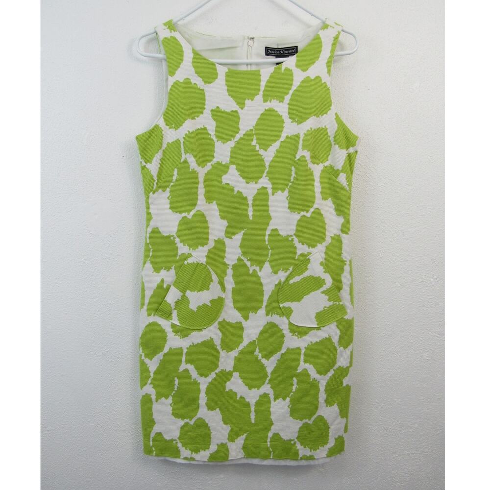 Jessica Howard 12P Lime Green and White Print Sleeveless Mini Dress Retro